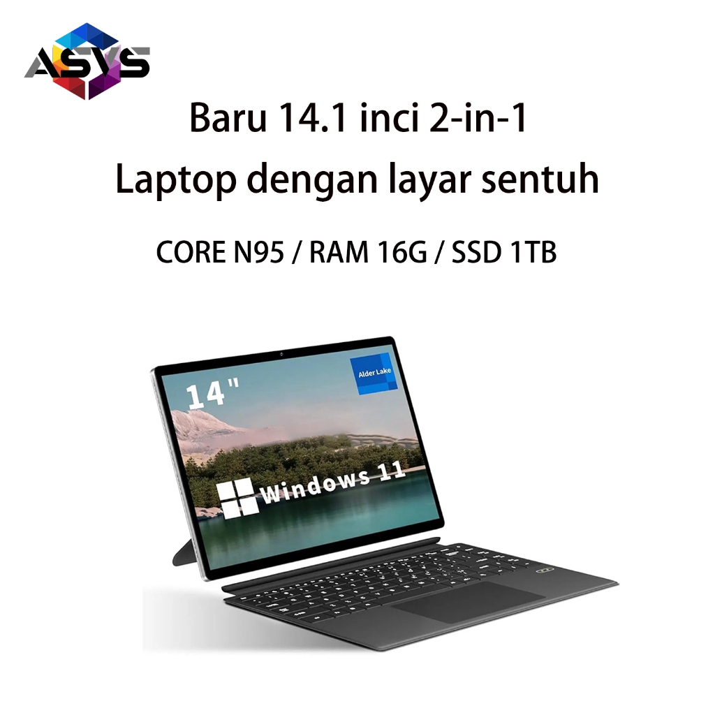 ASVS Laptop/Tablet 2-in-1,Intel Core N95 terbaru, laptop 14.1 inci untuk gaming dan pekerjaan, DDR4 