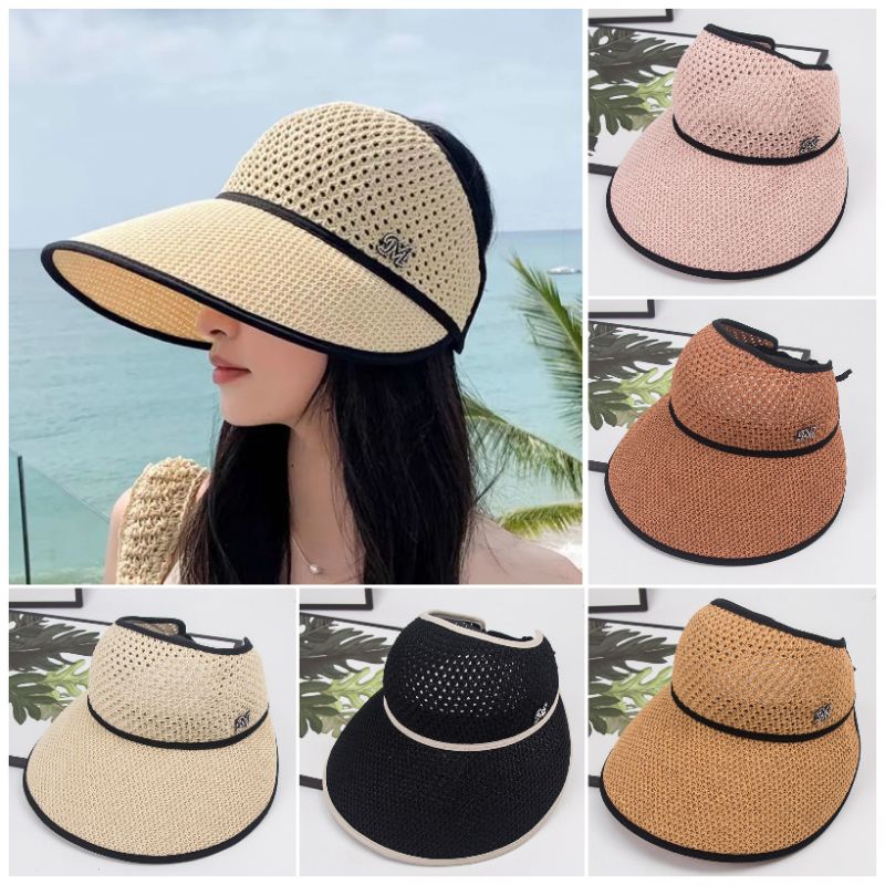 Topi Lebar Wanita Anti UV Topi Pantai Musim Panas Topi Lebar Rajut Import Free Tali Pengait