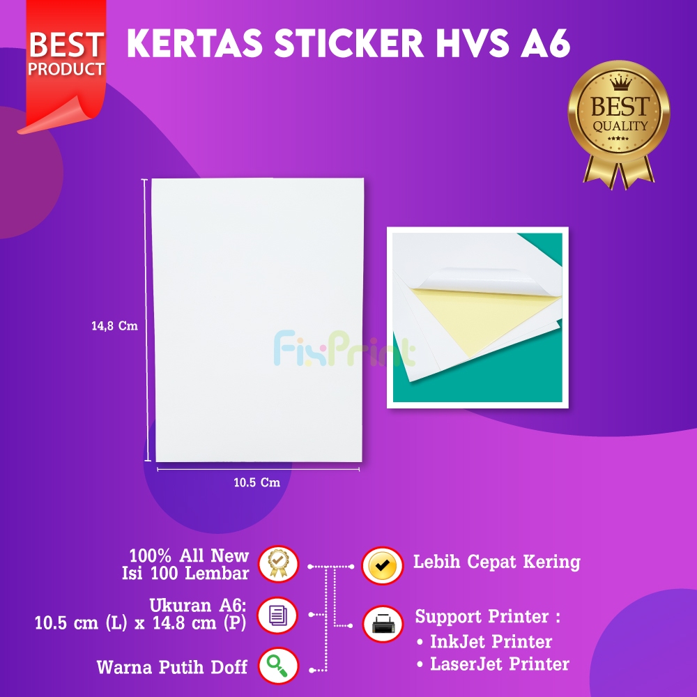 

FixPrint Kertas Sticker HVS A6 isi 100 Lembar, Kertas Sticker 10.5cm x 14.8cm For Inkjet Laserjet
