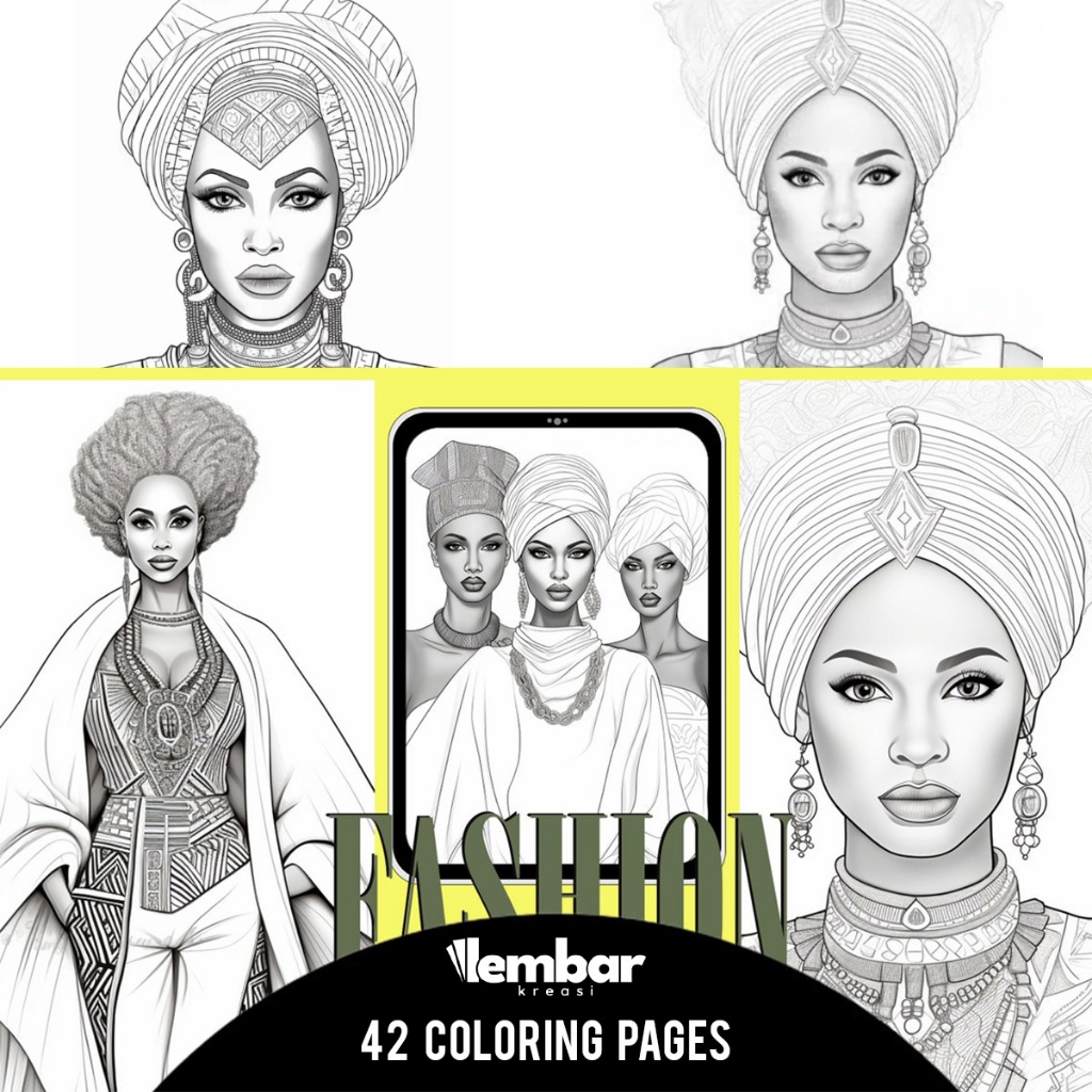 

42 Pages Buku Mewarnai Dewasa - Printable Adult Coloring Book - Digital Download - African Models