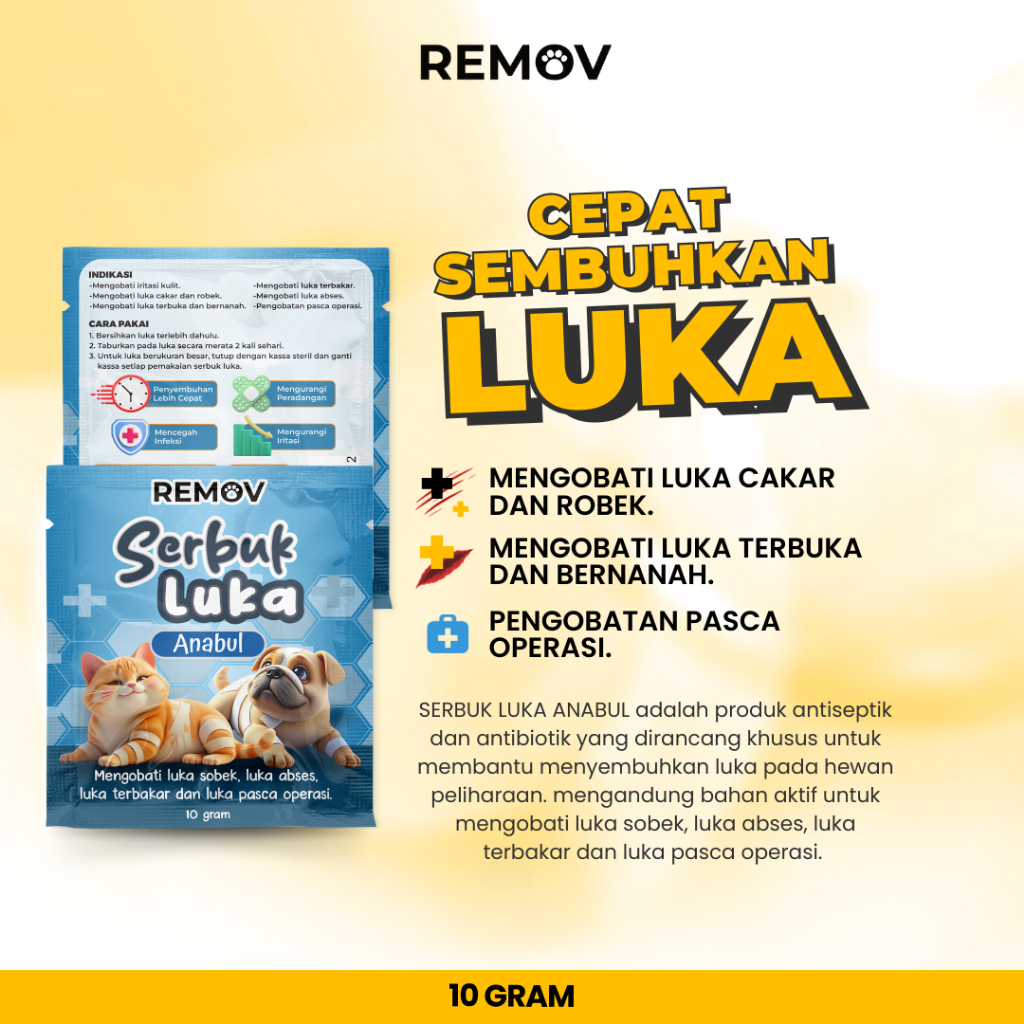 Remov Serbuk Obat Luka Luar Cakar Bernanah Pasca Operasi Antiseptik Antibiotik Kucing Anjing 10gr