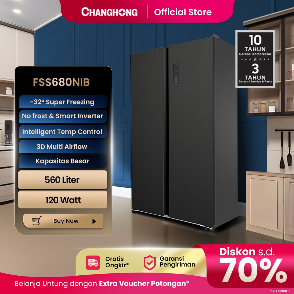 CHANGHONG Kulkas 2 Pintu Side by Side  FSS680NIB [560 L] ( Kulkas Inverter) (Kulkas Anti Bunga Es) (