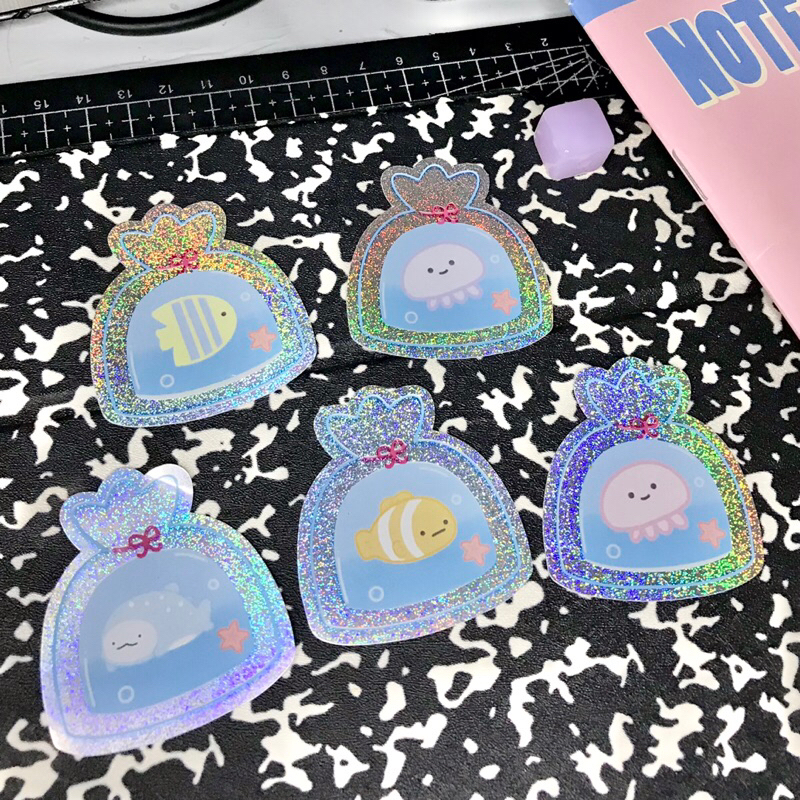 

[sale] fish in the bag sticker ! • hologram die cut sticker ikan