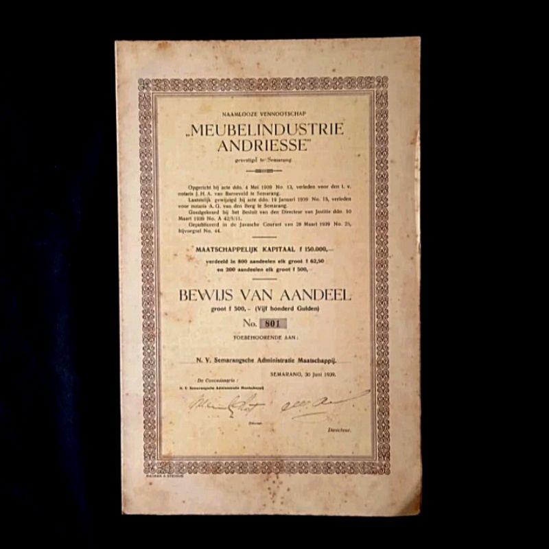 

Surat Obligasi Lama MEUBELINDUSTRIE ANDRIESSE SEMARANG 1939 Antik