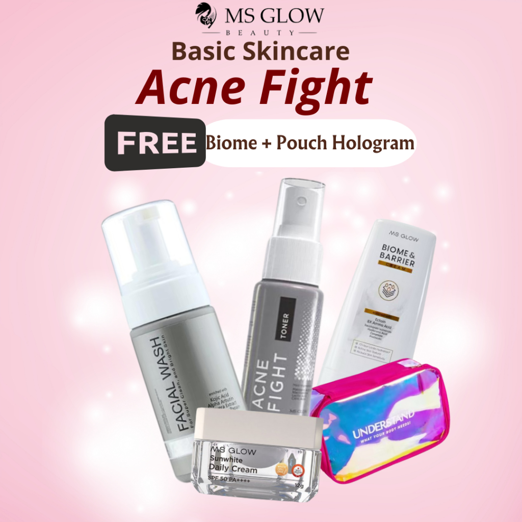MS GLOW ACNE BASIC PAKET SKINCARE ACNE FIGHT FREE BIOME & BARRIE CREAM & POUCH HOLOGRAM