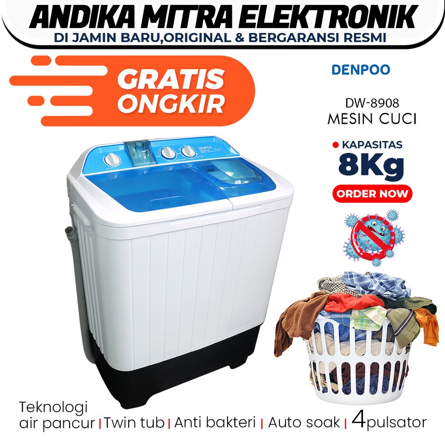 Mesin Cuci 2 Tabung 8 Kg Denpoo New DW 8908 Turbo Pulsator