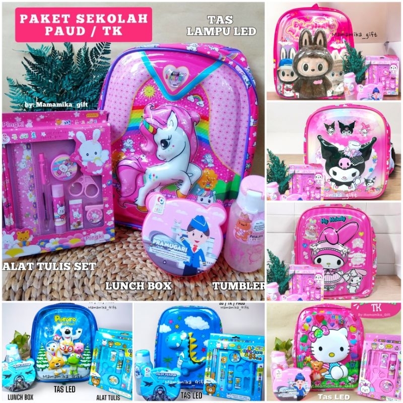 (500gr) ANAK SEKOLAH Paket Tas Ransel Anak TK dengan Alat Tulis dan Botol Minum Motif Lucu SEKOLAH T