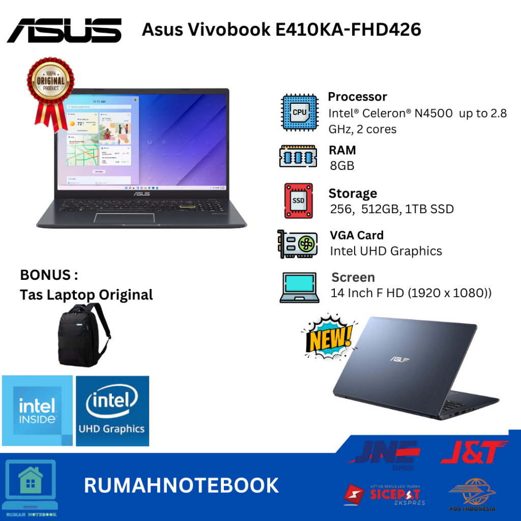 Laptop Baru ASUS Vivobook Go 14 E410KA Intel N4500 RAM 8GB 256,512GB, 1TB