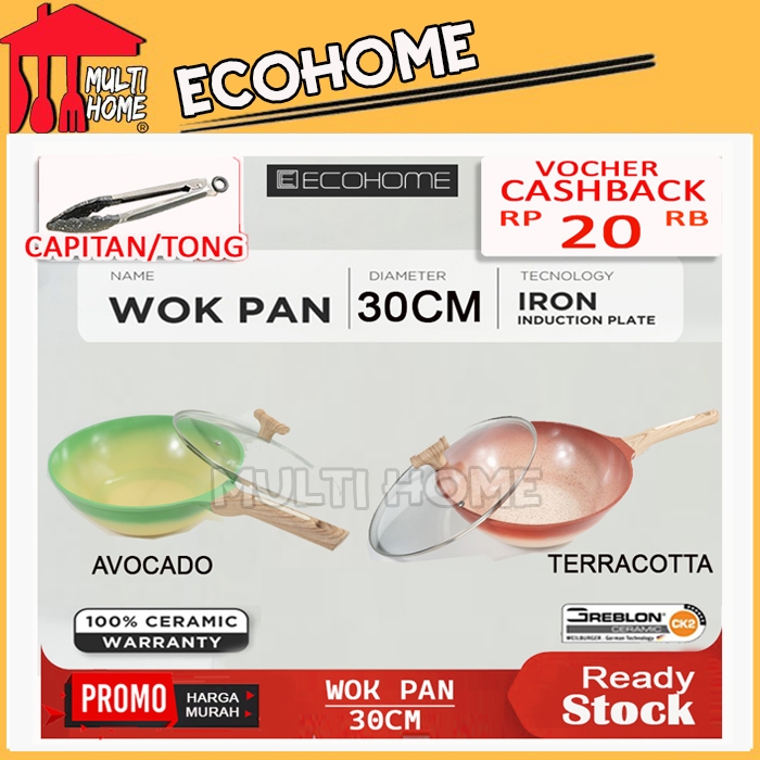 Ecohome Cookware - Wok 30 cm Greblon Ceramic Coating Penggorengan Anti Lengket
