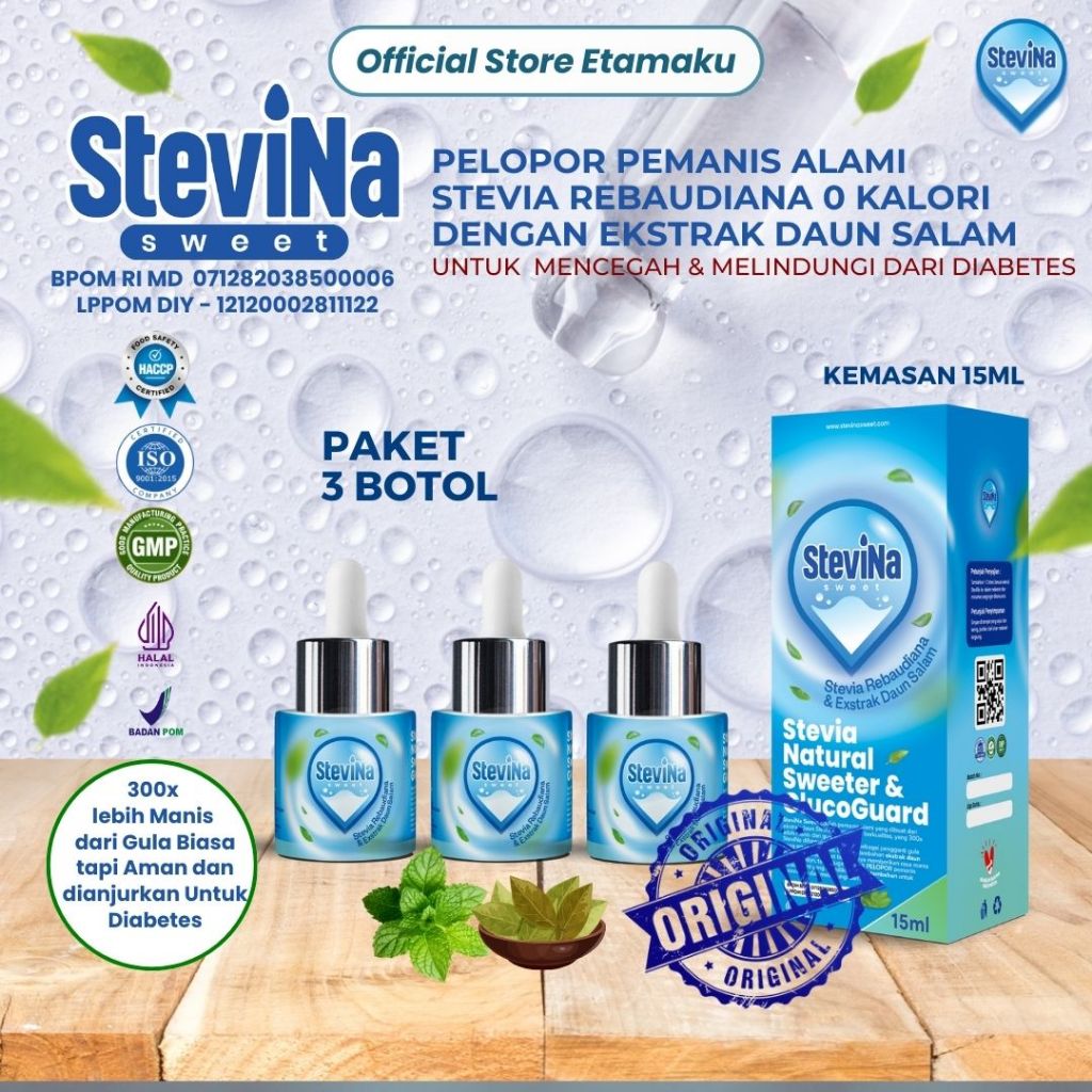 

Stevina Sweet Pemanis Alami 0 Kalori plus Herbal Daun salam Pengganti Gula untuk Penderita Hipertensi Kemasan 3 botol 15ml/botol