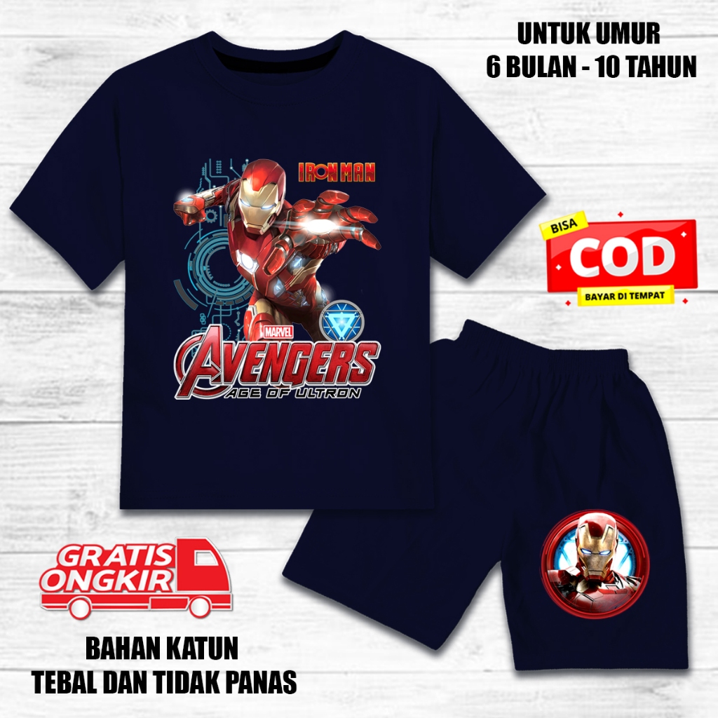 Setelan anak laki laki perempuan lengan pendek set baju kaos pendek anak katun motif iron man 2