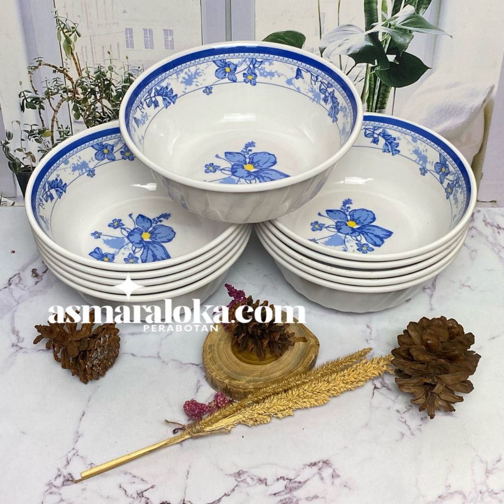 FJS - (12pcs) Mangkok Melamin Bunga Biru ( 6 inch ) | Mangkok Melamine | Mangkok Bakso | Mangkok Mie