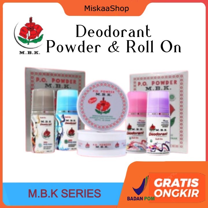 M.B.K Series | Deodorant Roll On 40 ml | Bedak Jar Tint 60 Gr | Bedak Sachet putih silver  | Deodora