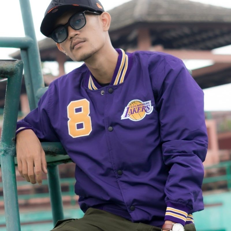 Jaket Varsity Baseball Pria wanita Ungu Laker's 8 Full Bordir Casual Vintage Basketball - Akar Offic
