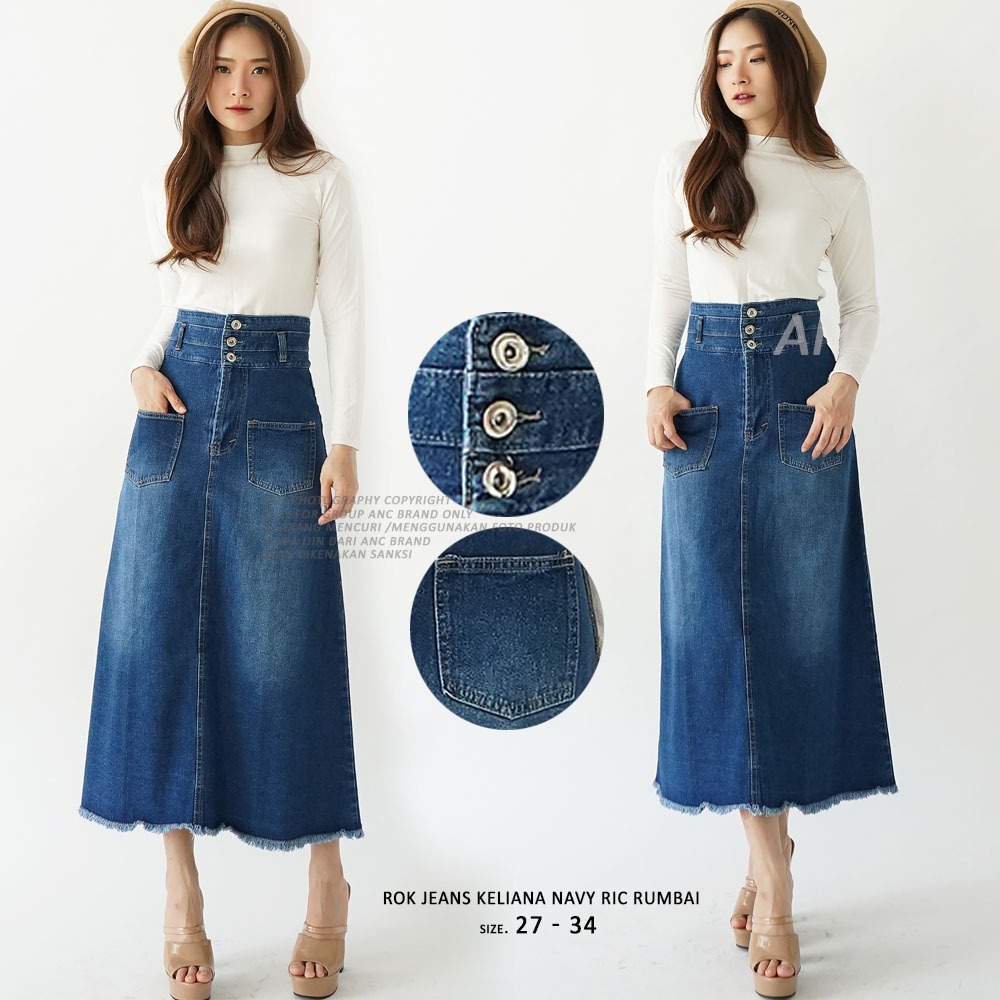 Rok Jeans Basic Highwaist Wanita Hijab Friendly - Rok Panjang Jeans Wanita Style Denim