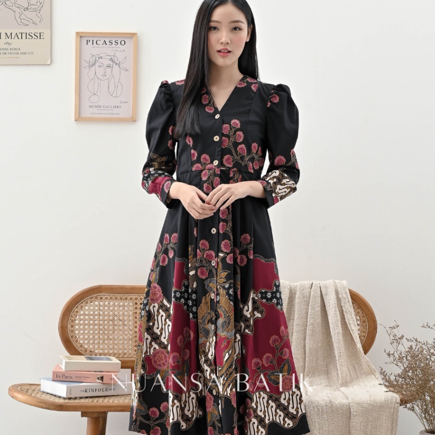 Terbatas Nuansa Batik Dress Batik Midi Lengan Panjang Bahan Katun Stretch