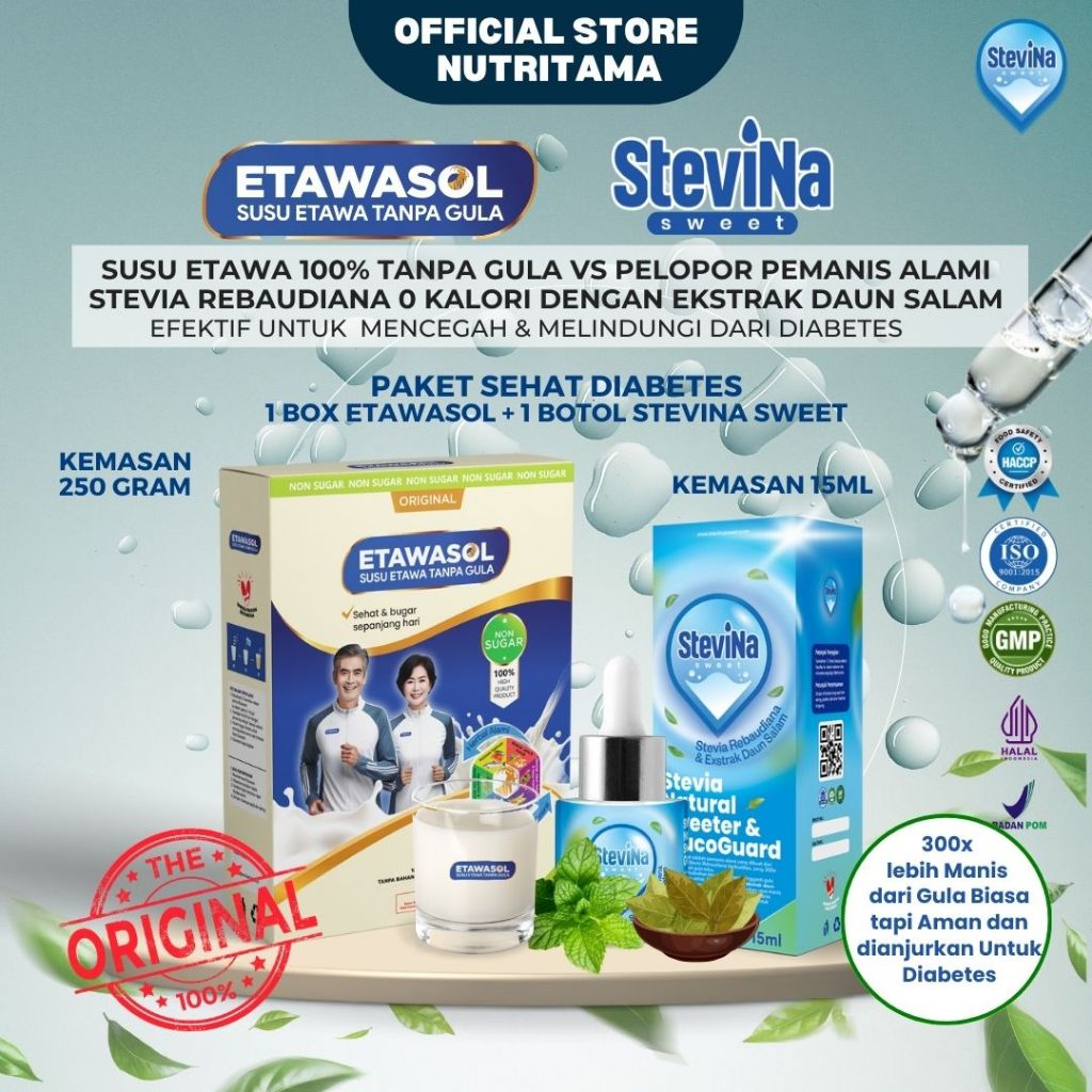 

Paket Sehat Diabetes 1 Box Etawasol&1 Botol Stevina Sweet Untuk embantu kadar gula tetap stabil 0Kalori