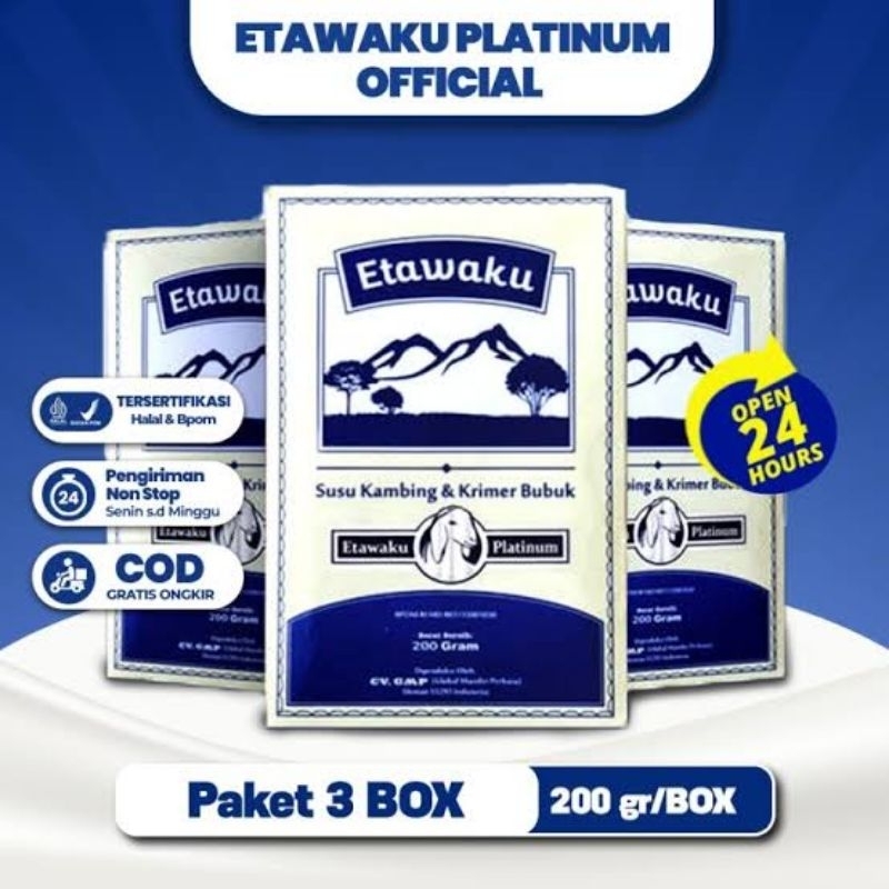 

Susu Kambing Bubuk Murni Etawaku Platinum Etawa Mengatasi Asma & Nyeri Sendi Paket 3 Box