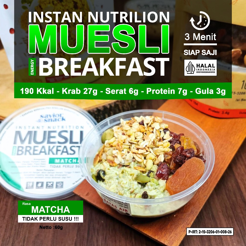 

MUESLI Rasa MATCHA 3 Menit SIAP SAJI Tidak Perlu Susu - Overnight Oats Oatmeal menu Sarapan Praktis Rendah Kalori Untuk Diet | Savior Snack