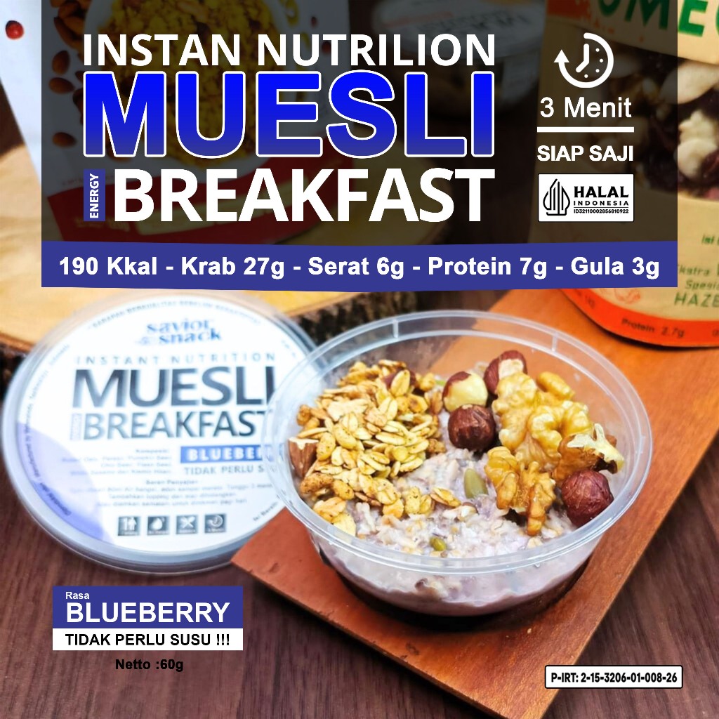 

MUESLI Rasa BLUEBERRY 3 Menit SIAP SAJI Tidak Perlu Susu - Overnight Oats Oatmeal menu Sarapan Praktis Rendah Kalori Untuk Diet | Savior Snack