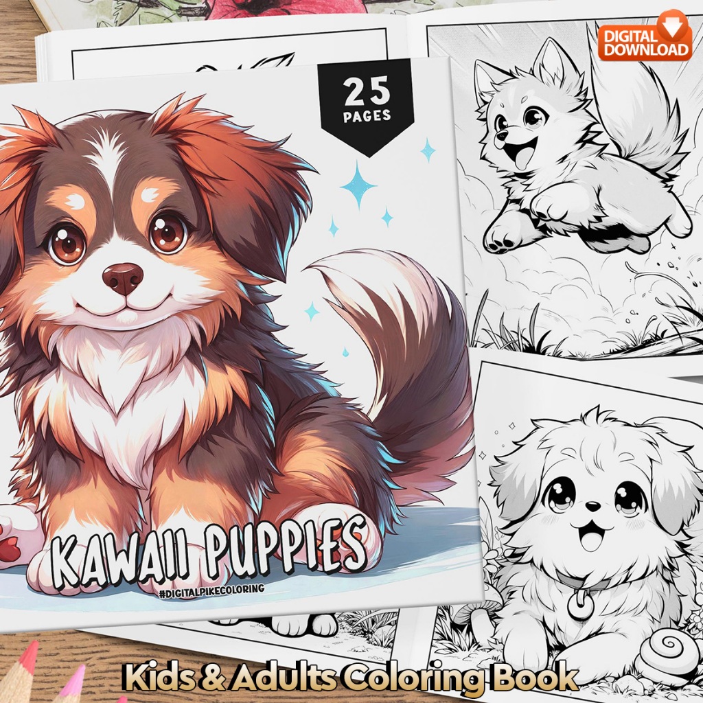 

25 Pages Buku Mewarnai Anak dan Dewasa - Digital Download - Printable Adult Coloring Book - Puppies