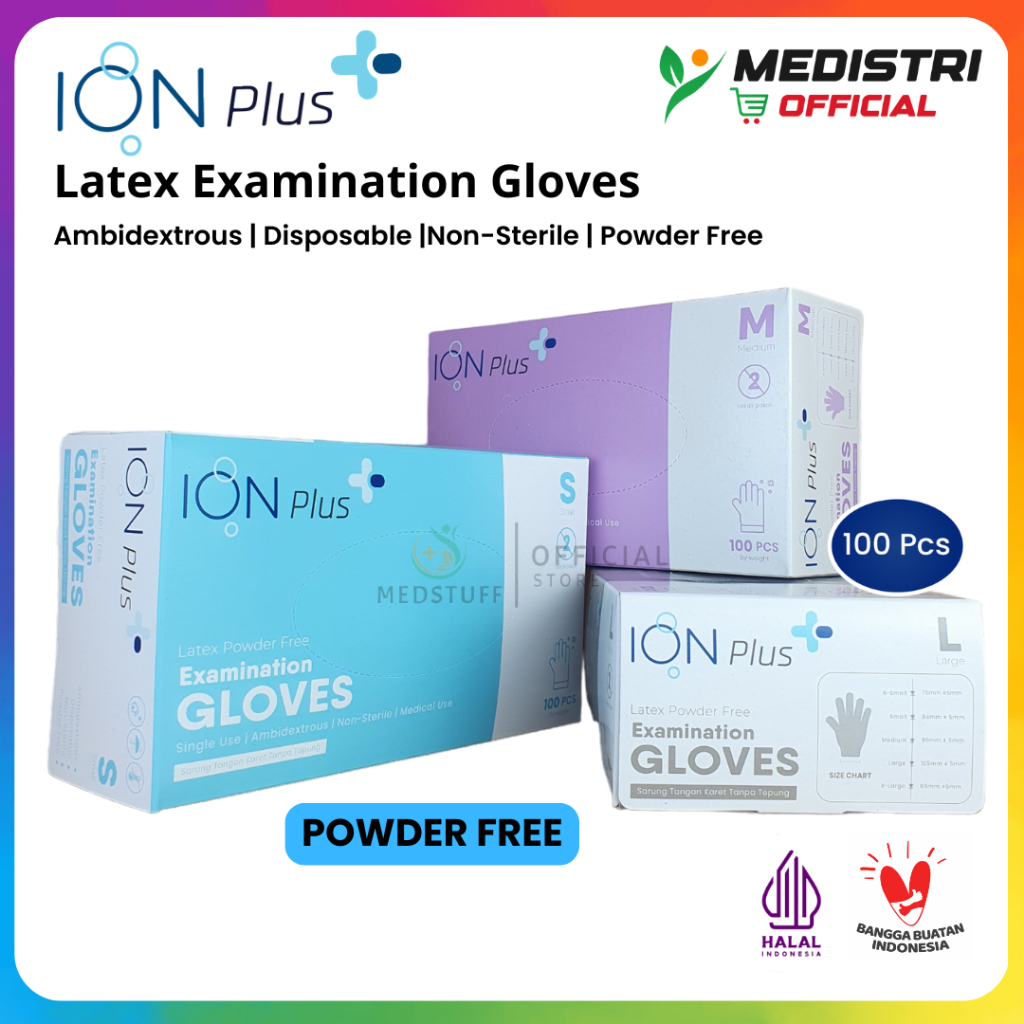 ION Plus Powder Free Sarung Tangan Handscoon Latex 100 Pcs Latex Examination Gloves Powder Shamrock