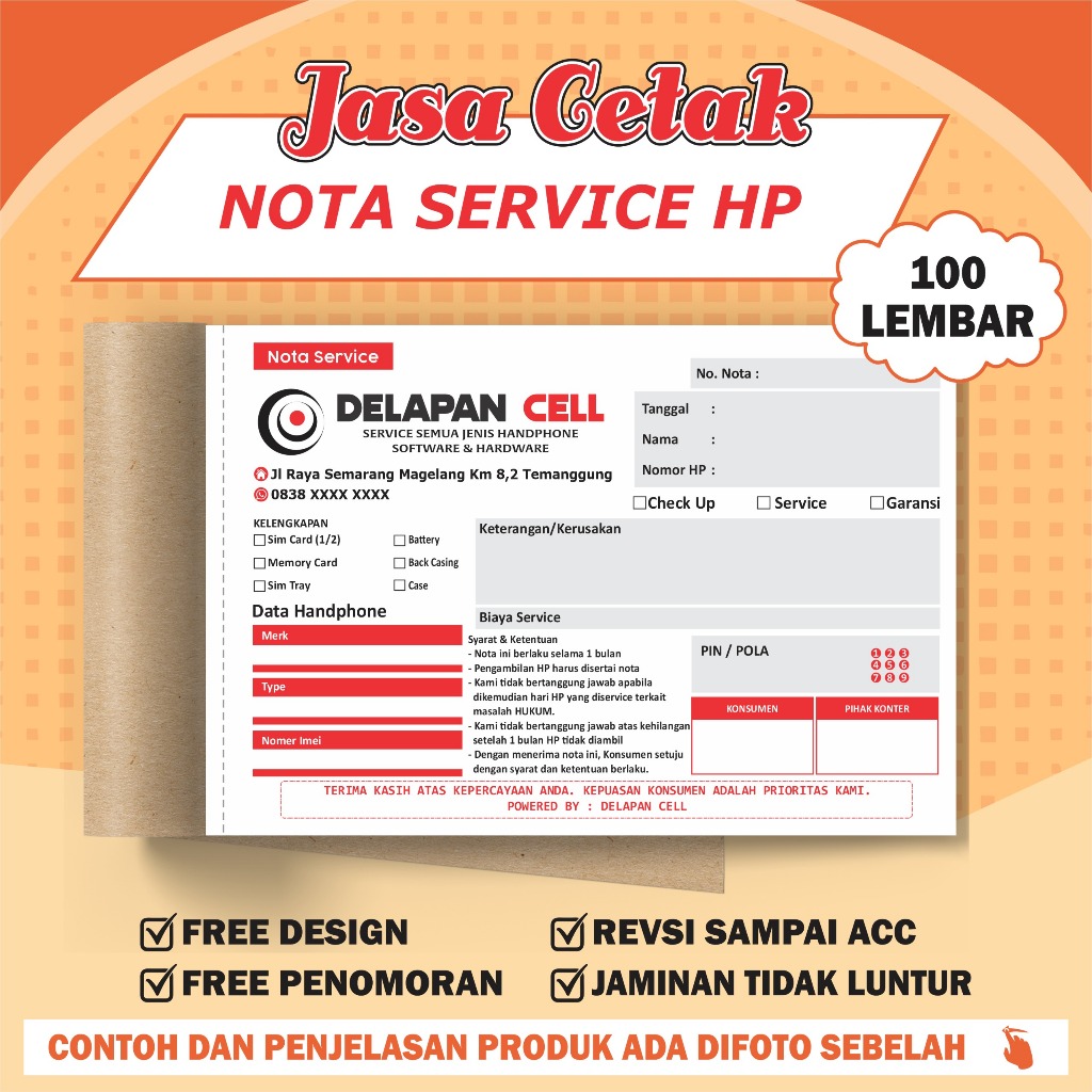 

Custom nota service HP 2 ply - isi 100 lembar - nota konter - nota penjualan