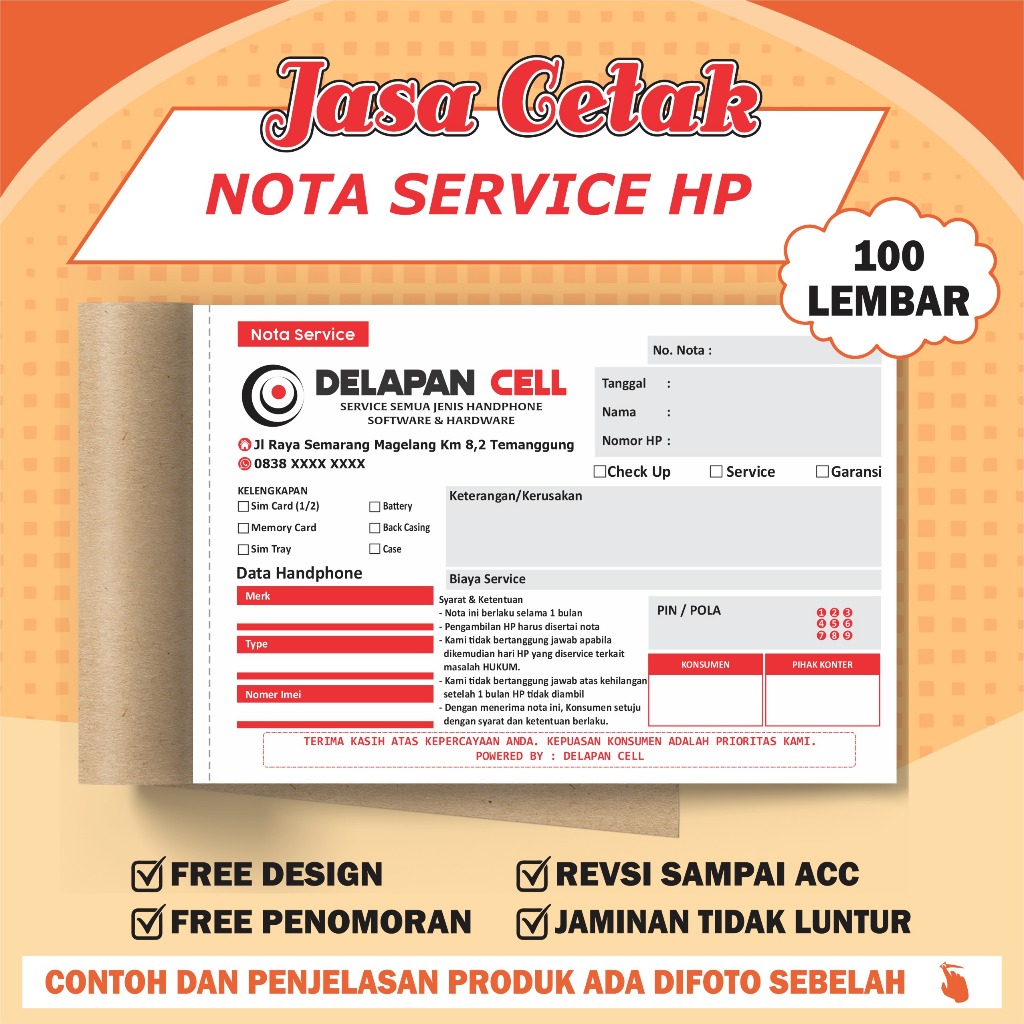 Custom nota service HP 2 ply - isi 100 lembar - nota konter - nota penjualan