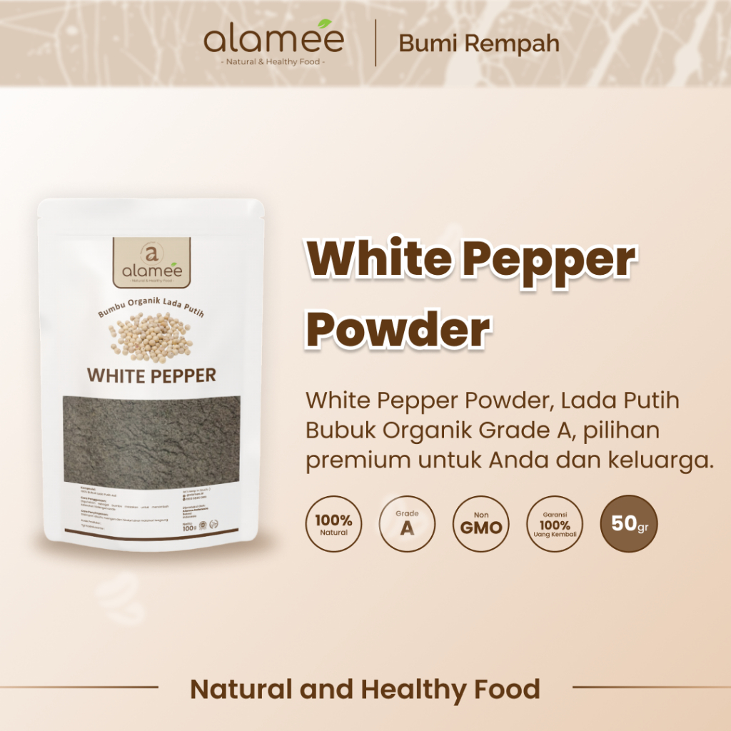 

ALAMEE Lada Putih Bubuk White Pepper Powder Merica Whitepepper Bumbu Dapur Masak Instan Asli 50g