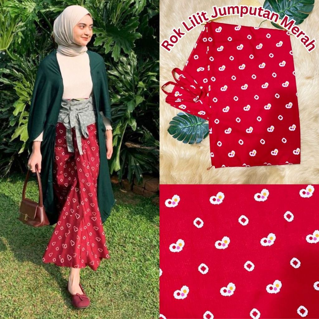 PROMO HARI INI... Rok Lilit Jumputan Merah/Bawahan Kebaya Motif Jumputan/Kain Lilit Modern/Rok Jumpu