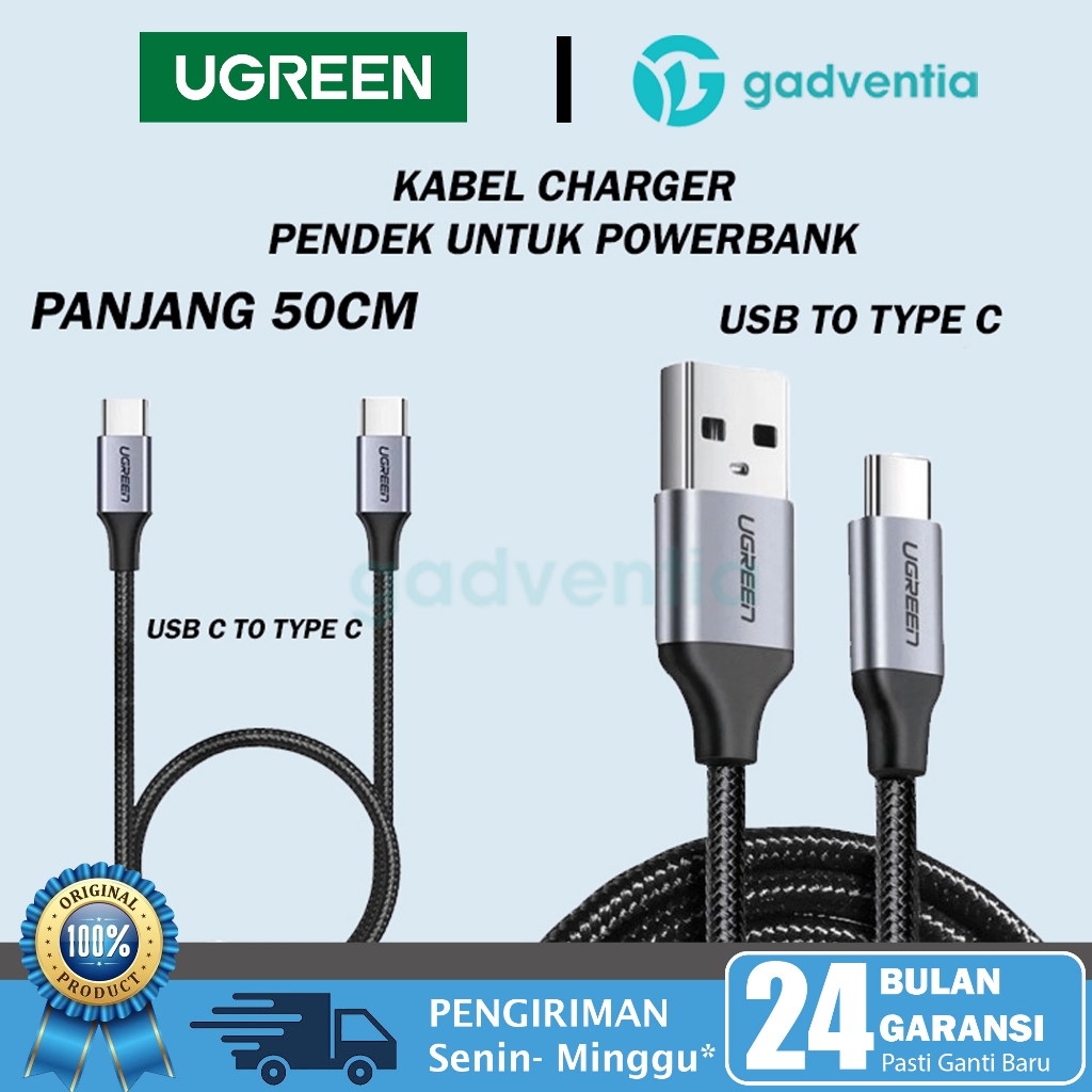 UGREEN Kabel Powerbank Charger Type C to C / Usb To Type C Cable Kabel Power bank Usb C Pendek Fast 