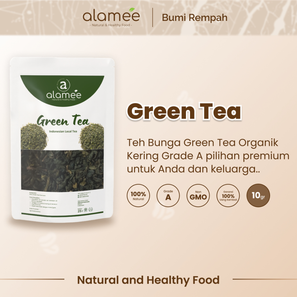 

ALAMEE Teh Hijau Green Tea Organic Kering Organik Greentea Minuman Herbal Siap Seduh Minum 25gr