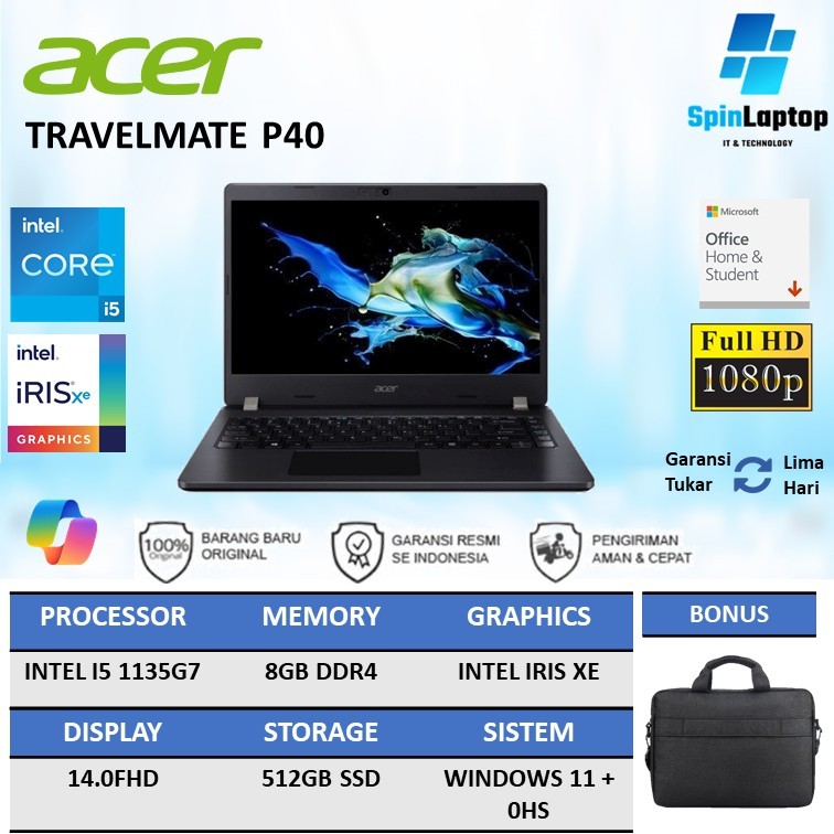 Laptop Acer Travelmate P40 core I5 1135G7 Ram 16GB ssd 512GB Intel Irisxe Baru Garansi resmi