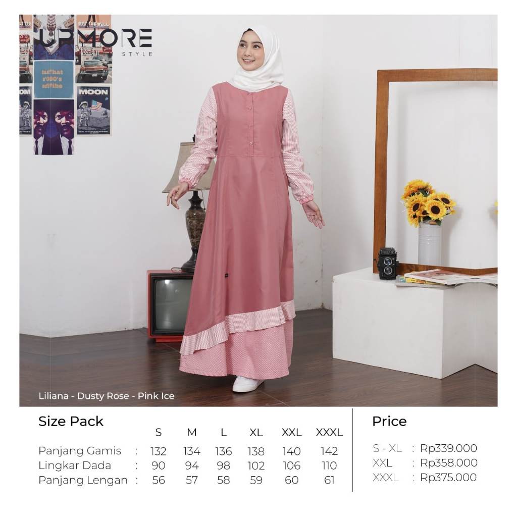 Upmore Liliana Dusty Rose Pink Ice Dress Baju Gamis Dewasa Terbaru Mutif Fashion Muslim Wanita