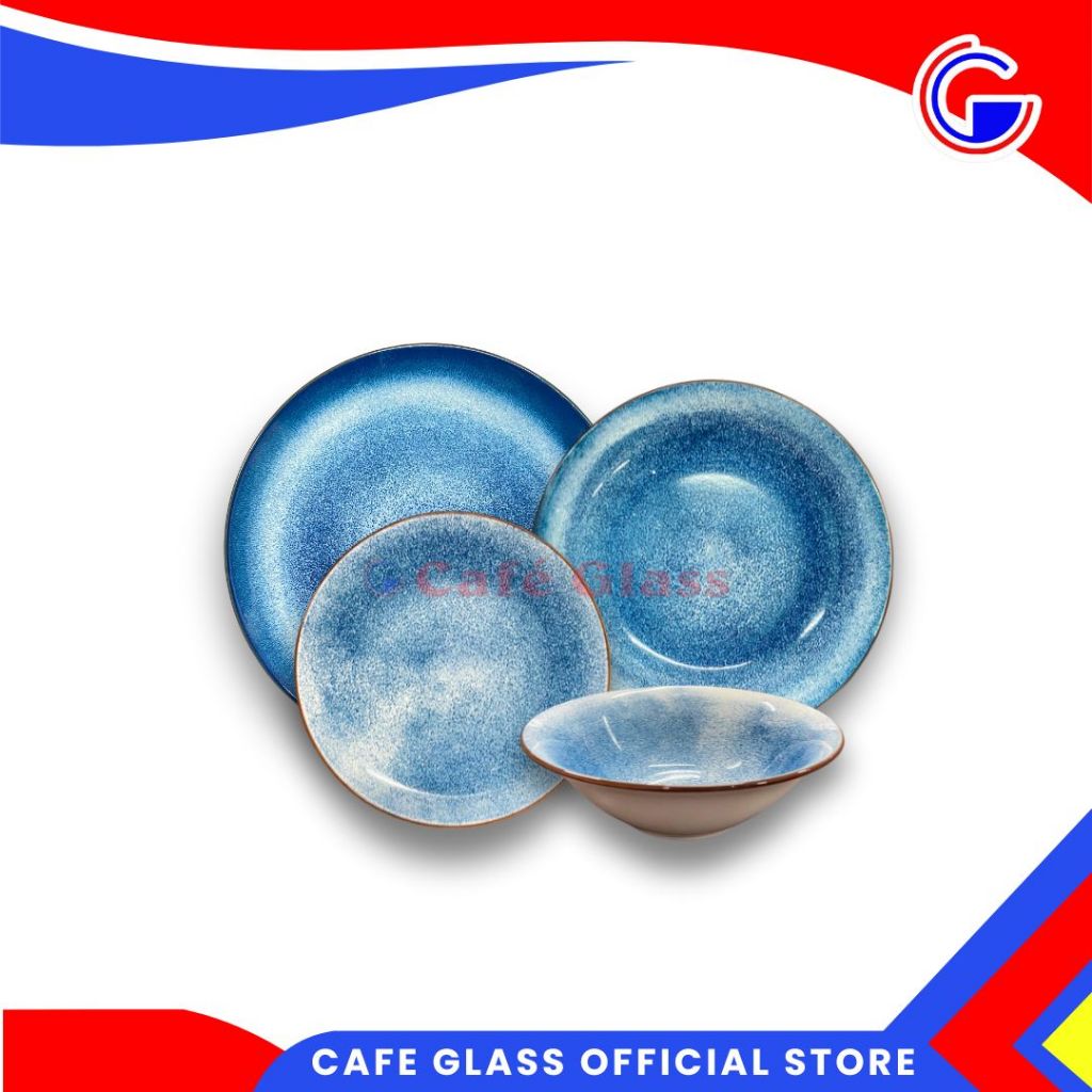 DINNER SET KERAMIK | PIRING MANGKOK KERAMIK SET | REACTIVE BLUE MINIMALIS HOKITA TABLEWARE