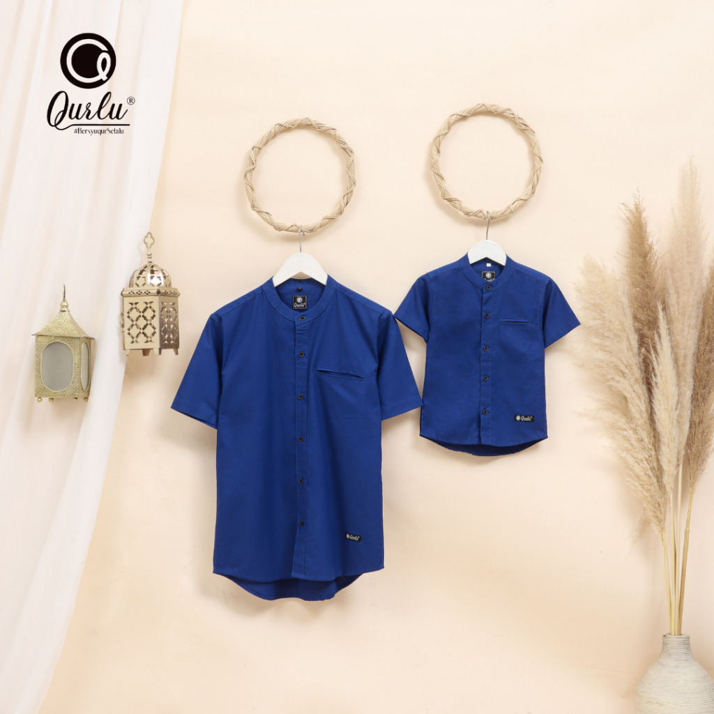 Qurlu - Kemeja Koko Dewasa/Anak warna biru BENHUR/BIRU ELEKTRIK (baju couple ayah dan anak laki-laki