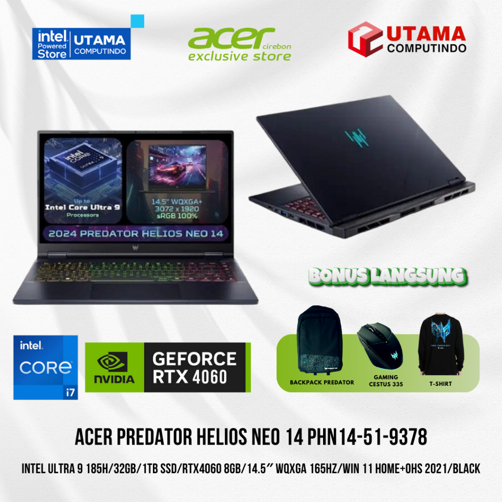 Acer Gaming Predator Helios Neo 14 PHN14-51-9378 /Ultra 9 185H/32GB/1TB SSD/RTX4060 8GB/14.5″ WQXGA 