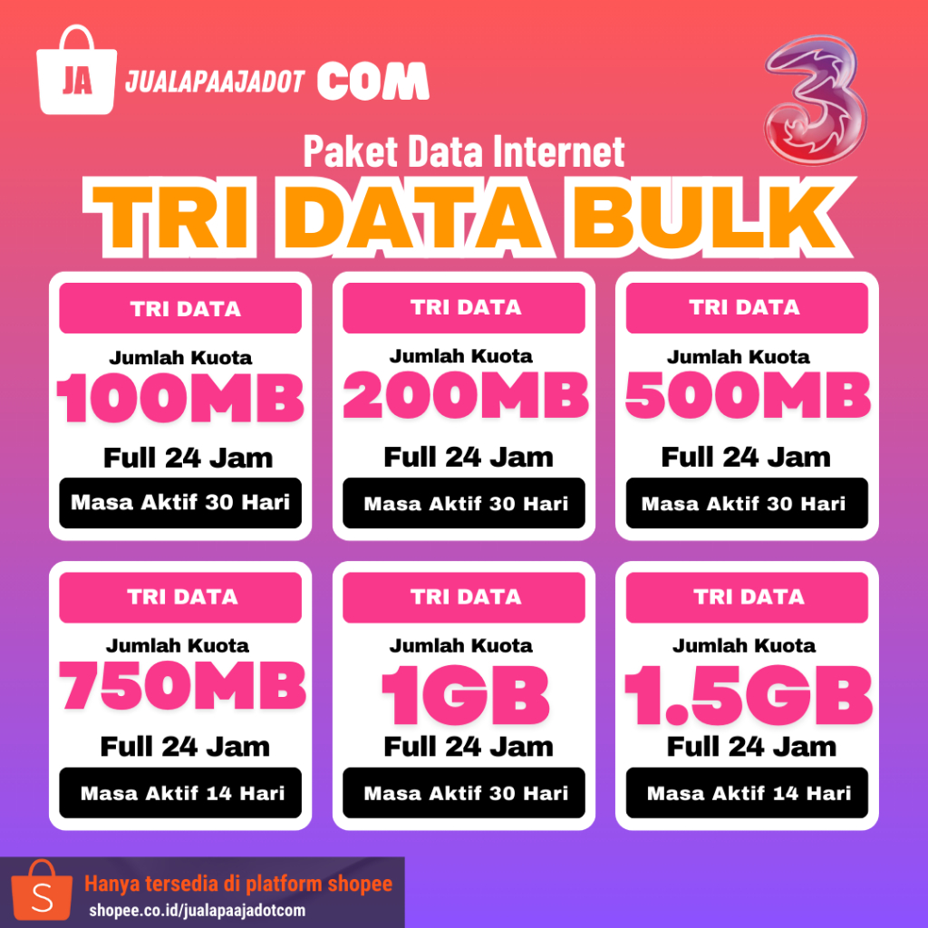 PAKET DATA TRI DATA BULK 100 MB-1.5 GB | Proses cepat 10 menit