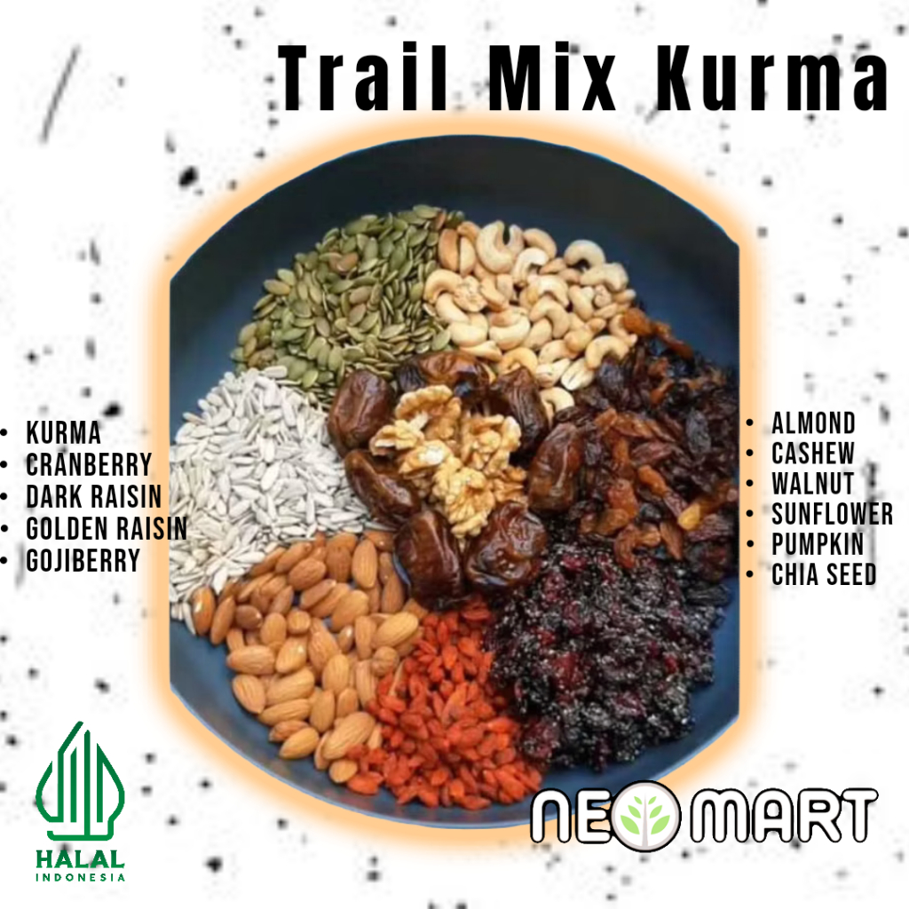 

SPESIAL KURMA Trail Mix Complete Neo 1kg (1.000 gram) (Kurma,Almond,walnut,sunflower,pumkin,mente,chia eed,gojiberry,cranberry,dark raisin,golden raisin)
