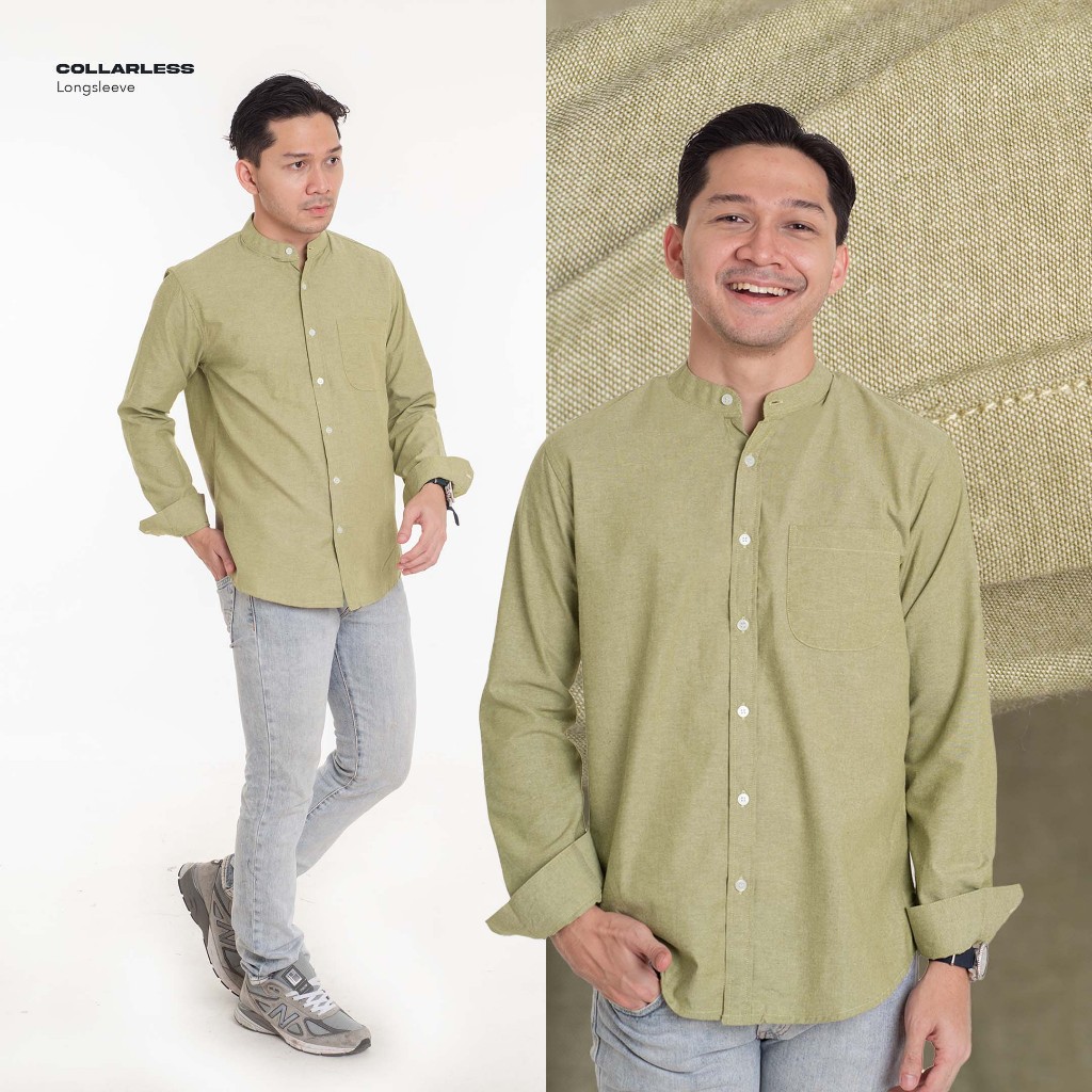 Kemeja Polos Pria WOODCUTTER Collarless Kerah Shanghai - Sage Green Longsleeve Lengan Panjang