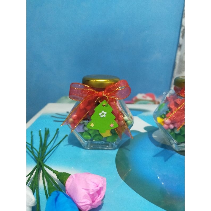 Origami Bintang edisi Natal / Christmas botol kaca hexagonal / lucky star in bottle/ origami bintang
