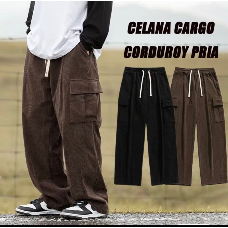 celana corduroy cargo pria  celana cargo panjang pria  celana karet celana panjang longgar pria cela