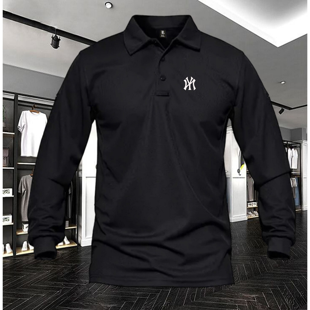 Kaos kerah Polo Pria Lengan Panjang / Kaos Polo Logo NY Putih/ Wangki  Pria Bahan Tebal