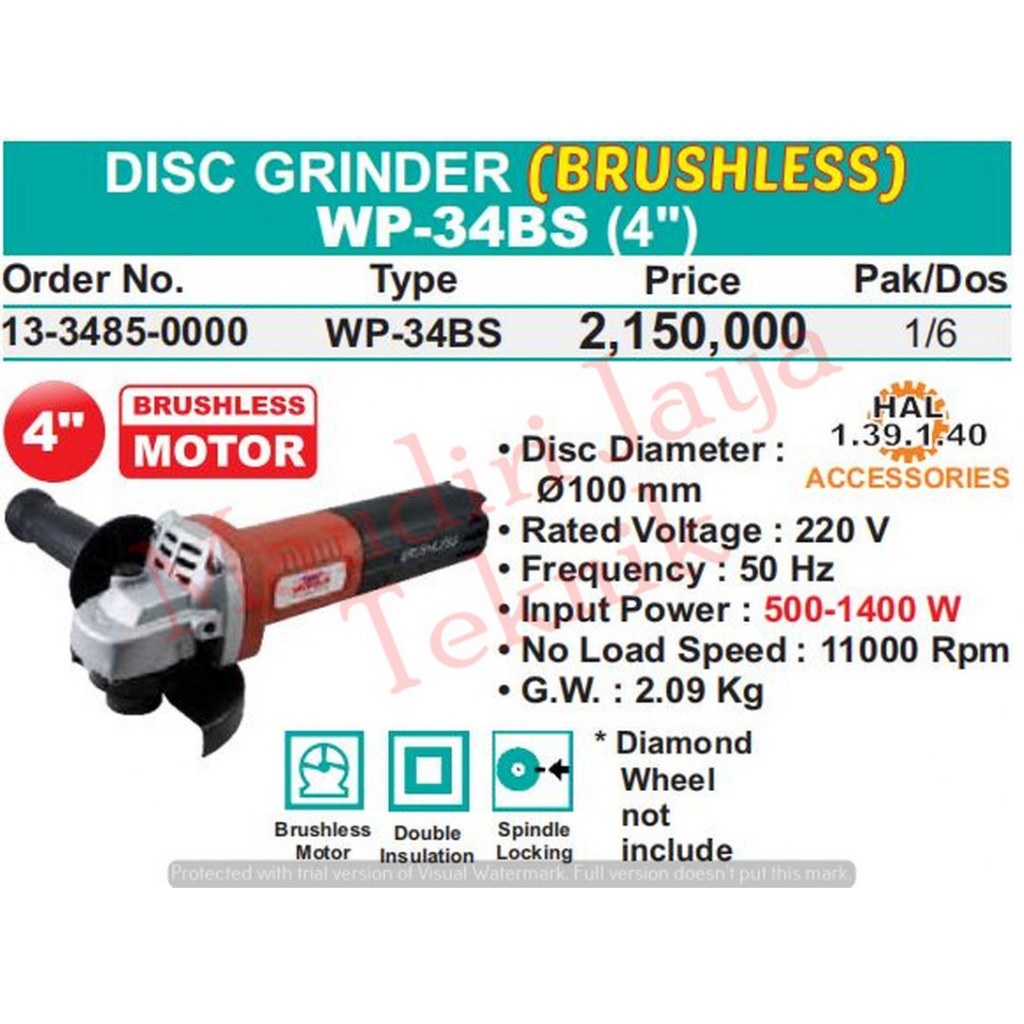 Mesin Gerinda 4 Inch 100mm Brushless Motor WP34BS WIPRO