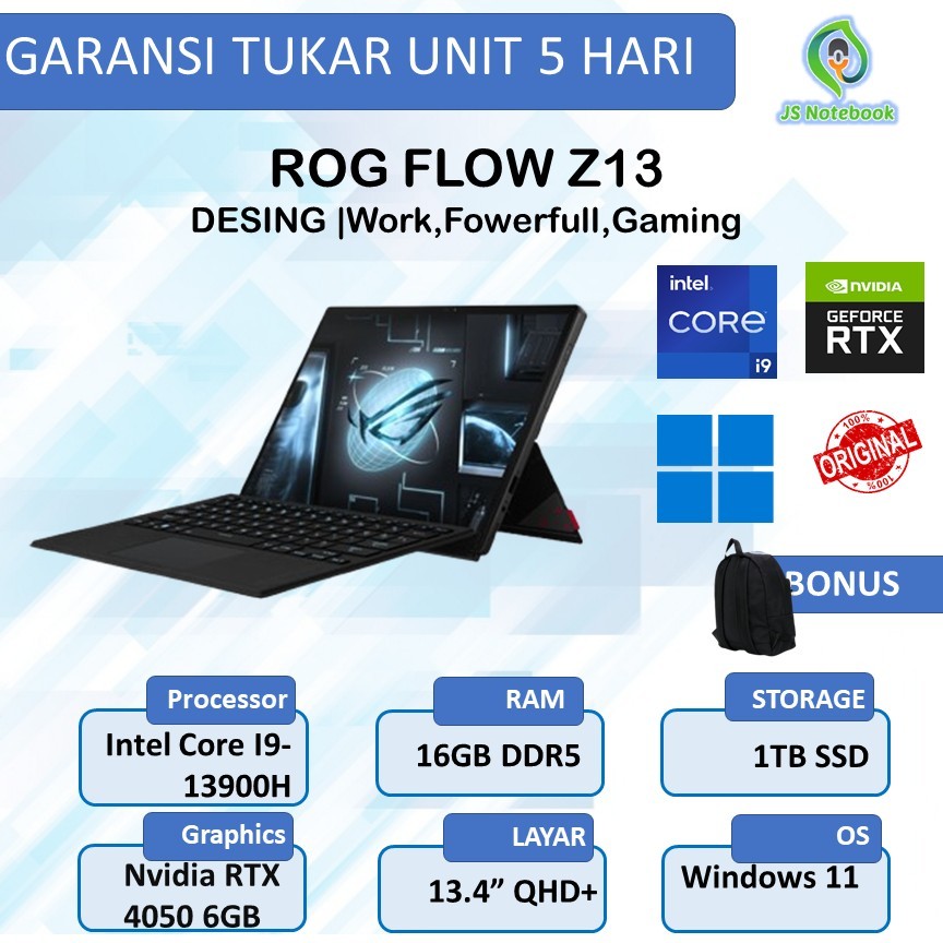 ASUS ROG FLOW Z13 GZ301VU TOUCH I9 13900H RTX4050 6GB/ 16GB 1TB W11+OHS+O365 13.4QHD NEBULA 165HZ PE