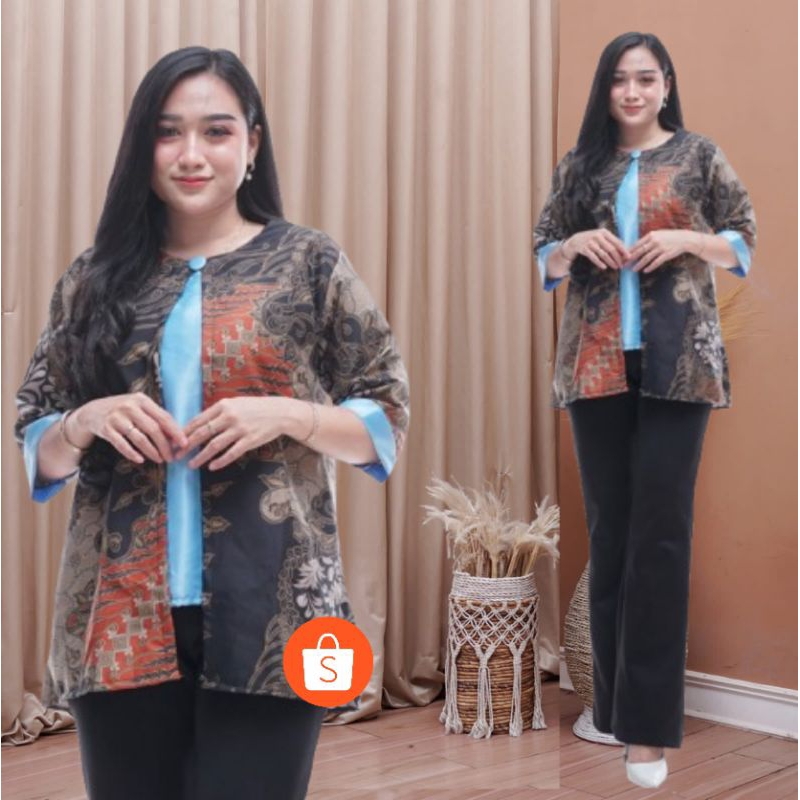 Blus Batik Terbaru Vintage Ibu Kantoran Modern Lengan 3/4 M L XL XXL Bisa Seragam
