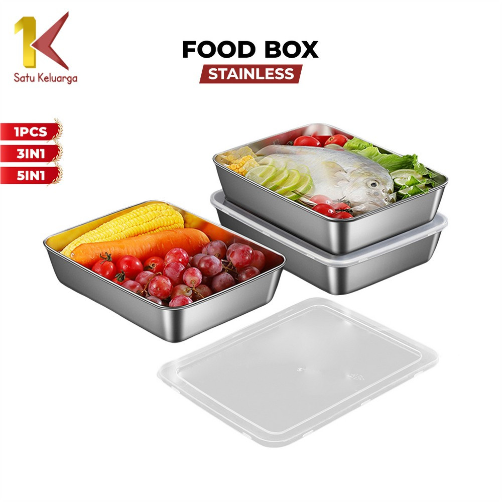 Satu Keluarga Food Box Stainless Steel Multifungsi C1184 Tempat Makanan Sayuran dengan Tutup Plastik