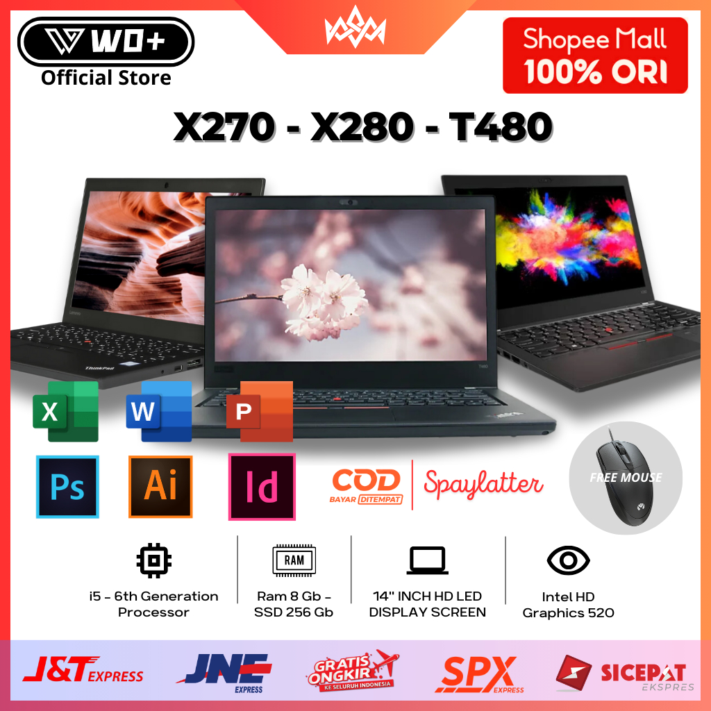 Laptop Lenovo Thinkpad X270 X280 T480 Core i5 Gen6 Gen8 RAM 8GB SSD 256GB COD Second  New 99% Origin