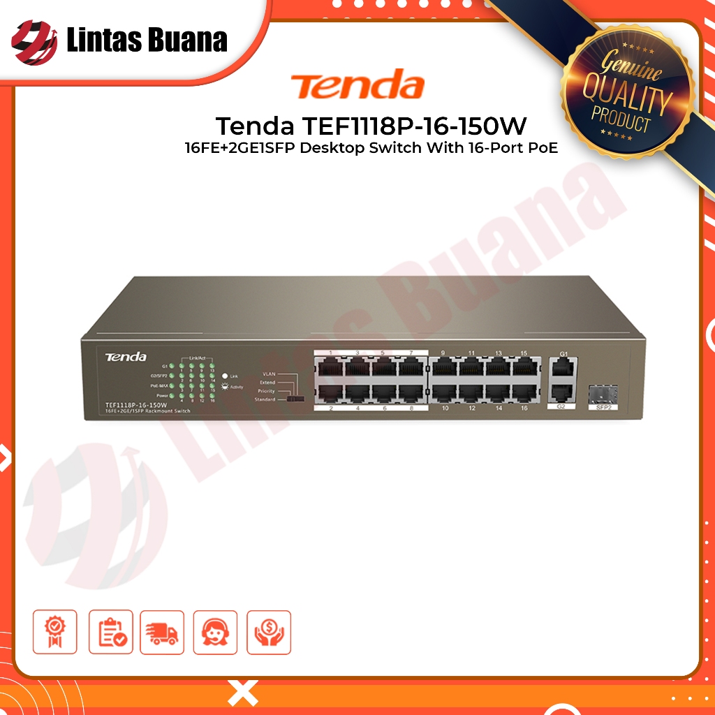 Tenda TEF1118P-16-150W 16FE+2GE1SFP Desktop Switch With 16-Port PoE