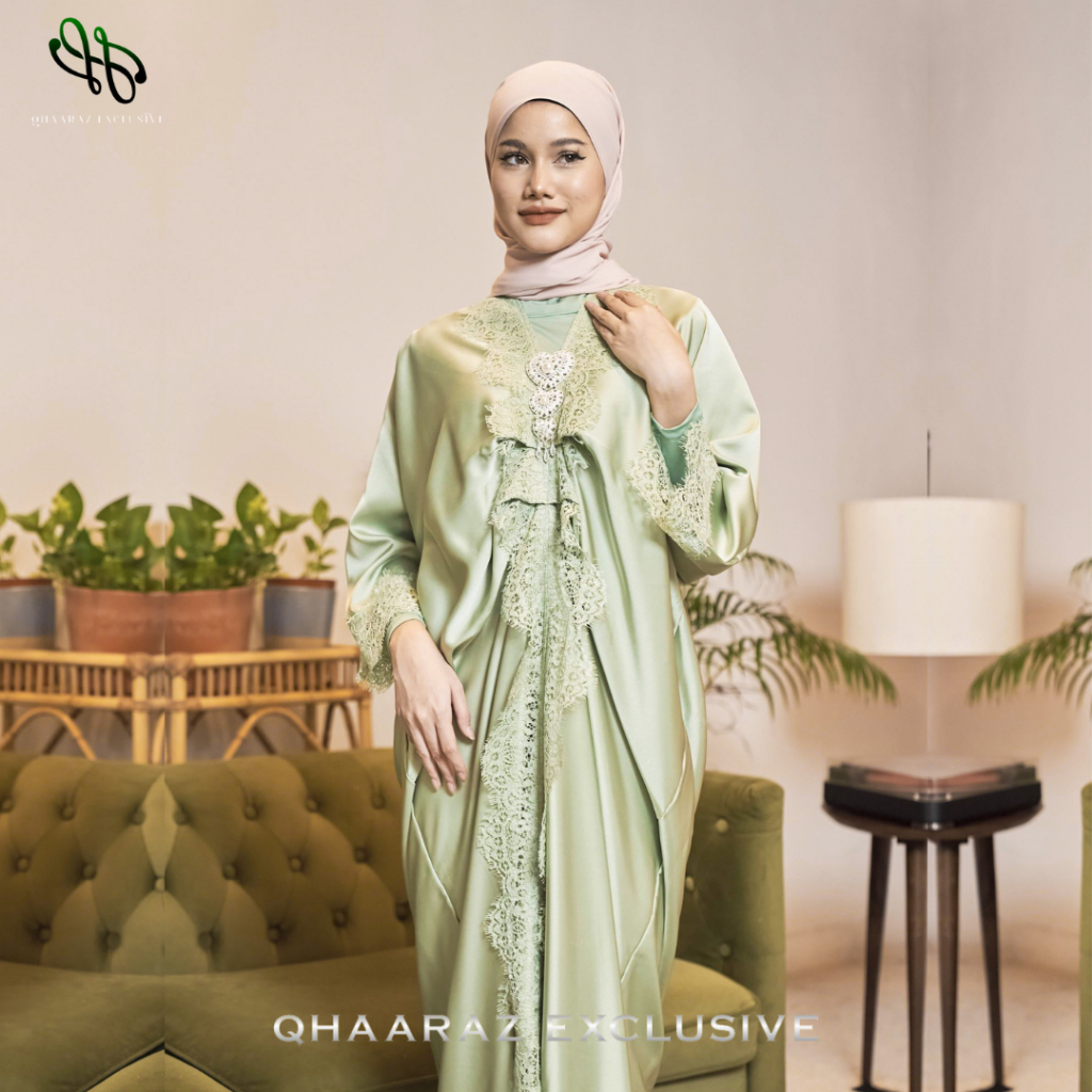 Kaftan Lebaran Baju Dress Kondangan Mewah Wanita Remaja Satin Velvet Polos Renda Brukat Modern Premi